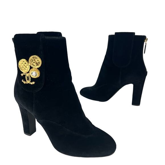 GARMENT_4.25.24_75936.jpg?  CHANEL Black Velvet Ankle Boots with Gold CC Medallion